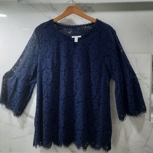 Navy Lace BELL Sleeve Quarter Length Women's Top Size Large NWOT
